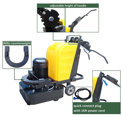 Electric Concrete Floor Grinder Polishing Machine With Dry And Wet Type Sander Buffer 25 Inch Working Width 12 Discs Can Be Installed Renovates Old Floors 220 Volts with adjustable handle and accessories.
