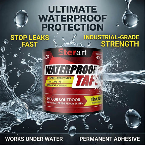 Heavy Duty Waterproof Tape 4 Inch By 10 Ft Rubberized Seal Patch for active leaks shown with water background.