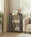 Narrow Three Tier Bookshelf For Tiny Spots, Heavy Duty Steel Rack In Rustic Brown And Matte Black, reflects stylish decor in cozy living room.