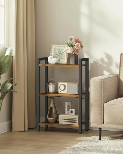 Narrow Three Tier Bookshelf For Tiny Spots, Heavy Duty Steel Rack In Rustic Brown And Matte Black, reflects stylish decor in cozy living room.