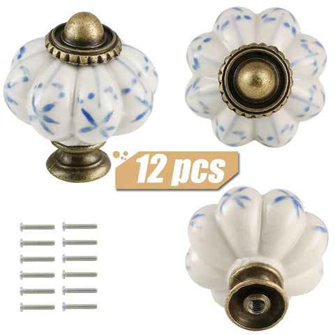 Smooth Operation Vintage Ivory And Blue Ceramic Cabinet Knobs Bang For Buck 12 Pack Drawer Pulls With Quick Install Screws for kitchen and dresser.
