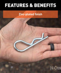Trailer Hitch Clips For One Half Inch Or Five Eighths Inch Pins Three Pack Clear Zinc Finish Durable Steel Construction Secures Hitch Pins To Trailers Fits Pins With Hole Or Grooved Attachments Easy To Use displayed in a hand