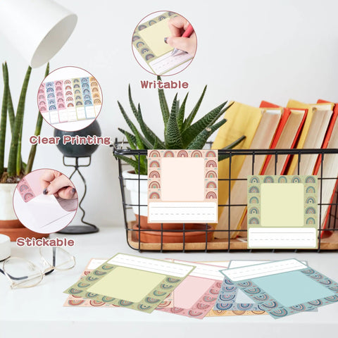 Boho Rainbow Kid Friendly Photo Nameplates for Desk, 48 pack shown on desk with plants and books, in bright rainbow colors.