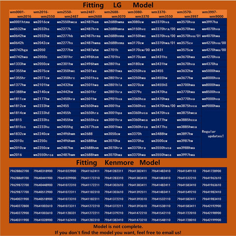 Washer drain pump motor compatibility chart for LG and Kenmore models; orange frame with blue grid of part numbers.