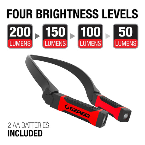 Anywear Neck Light For Hands Free Lighting With Four Modes From 50 To 200 Lumens Rugged Red And Black Gear