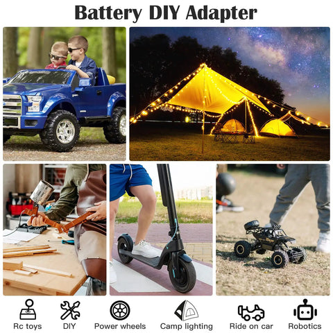 Collage of uses for 2 Pack 18V Power Wheel Adapter Kit With Switch Fuse And 12 AWG Wire Terminals for DIY RC Cars and robotics.