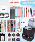 PU Leather Nail Polish Organizer Case With Built In Nail Lamp Holds 30 Plus Bottles And Mani Tools, open showing contents