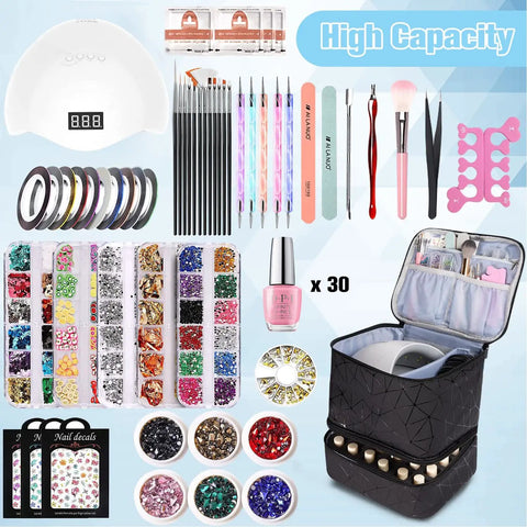 PU Leather Nail Polish Organizer Case With Built In Nail Lamp Holds 30 Plus Bottles And Mani Tools, open showing contents