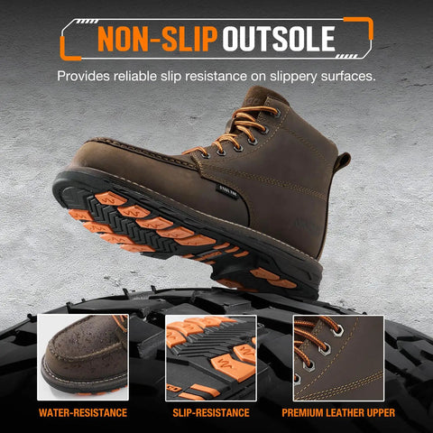 Mens Steel Toe Work Boots Built For The Job Like Construction And Welding, Puncture Resistant And Slip Resistant, EH Protected Safety Moc Toe Boots, Water And Oil Resistant Outdoor Work Shoes Ideal For Hunting, Concrete And Industrial Sites shown with non-slip outsole.