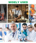 Collage of professionals in construction, carpentry, engineering, medicine, and laboratory work settings.