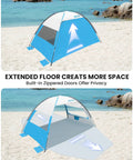 Beach Tent Sun Shelter For Three With Two Ventilated Doors UPF50+ Easy Setup Canopy on sandy beach with ocean view