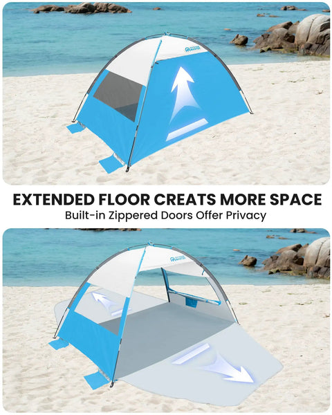 Beach Tent Sun Shelter For Three With Two Ventilated Doors UPF50+ Easy Setup Canopy on sandy beach with ocean view
