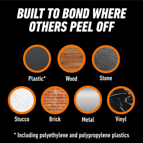 All Weather Black Duct Tape For Outdoor Repairs surfaces: plastic, wood, stone, stucco, brick, metal, vinyl bonded together