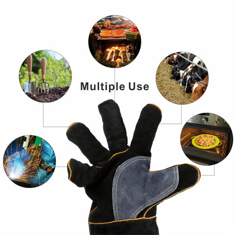 Extreme Heat Resistant Leather Work Gloves With Kevlar Stitching For Fireplace Stove Oven Grill Welding BBQ Mig Grill Boss Pot Holder And Animal Handling Durable Puncture And Cut Resistant Mitts showcasing multiple use scenarios.