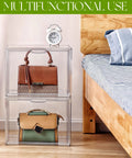Clear Acrylic Purse Organizer Set For Closet With Magnetic Door Large See Through Handbag Display Boxes 3 Pack beside bed