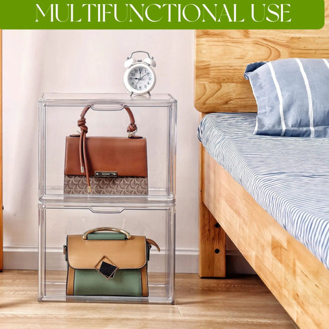 Clear Acrylic Purse Organizer Set For Closet With Magnetic Door Large See Through Handbag Display Boxes 3 Pack beside bed