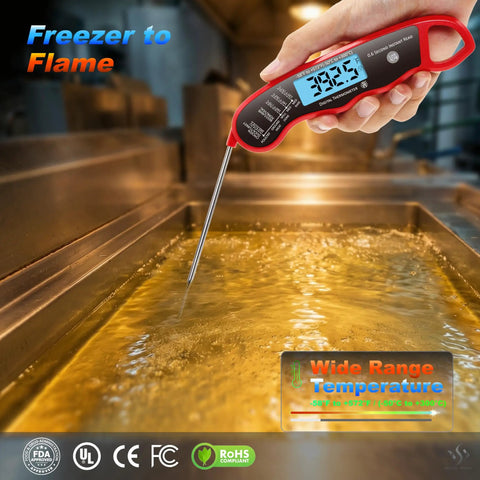 A person using a 0.6 Second Instant Read Digital Meat Thermometer Pen Probe with Waterproof Backlit Display in a frying oil pan.