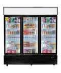 Heavy Duty Commercial Display Refrigerator Three Section Hinged Glass Door Upright Fridge Cooler with various drinks and snacks.