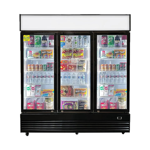 Heavy Duty Commercial Display Refrigerator Three Section Hinged Glass Door Upright Fridge Cooler with various drinks and snacks.