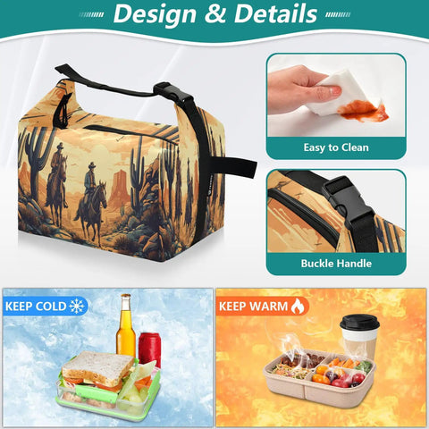 Design details of Cowboy Theme Insulated Lunch Bag For Women And Men, Large 9.4x6.7x9.8 inch lunch tote, reusable leakproof cooler