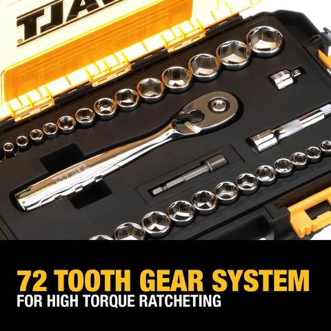 Boss 34 Piece Socket Set With Quarter Inch And Three Eighth Inch Drives In Locking Stackable Case With 72 Tooth Ratchet