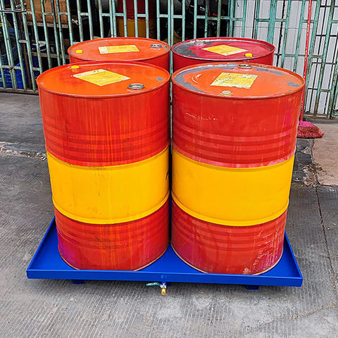 Heavy-Duty Drum Spill Pallet With Drain And Detachable Steel Deck For Oil Drums in warehouse setting