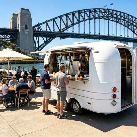 Ready To Roll 13 Foot Vintage Food Trailer With Fully Equipped Mobile Catering Kitchen And Slick White Exterior For Serious Commercial Food Truck Hustles, parked by a bridge with customers.