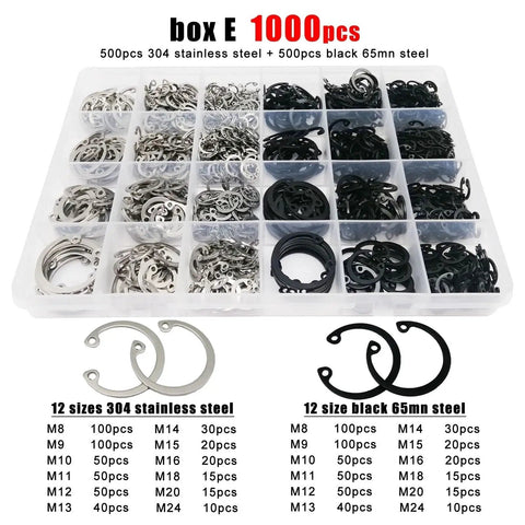 Internal Circlip Snap Ring Set M8-M24 C Type Retaining Clips In Black 304 Stainless Steel, assorted box with 1000 pieces
