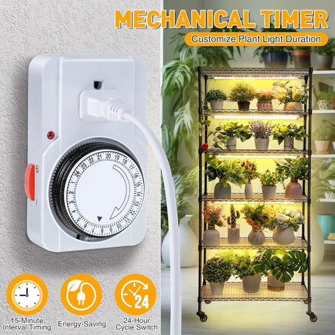 Indoor Greenhouse Kit With Grow Lights For Seed Starting, 6 Tier Metal Plant Rack With Timer Viewed Next to Timer Plug