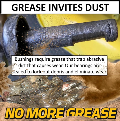 Image showing the impact of grease on parts, highlighting dust buildup and text 'GREASE INVITES DUST' for Front Wheel Bearings and Axle Rebuild Kit for Select John Deere Tractors Beefed Up Upgrade Replaces AM127303 AM127304 AM118315 AM35443 M40514 M123254 R27434 M143338 Includes High Temp Synthetic Grease Up to 400F and Heat Treated Hardware.