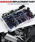Sweet Ride Motorcycle Fairing Bolts Kit M5 And M6 Stainless Steel Fastener Set in storage box, colorful screws and grommets visible.