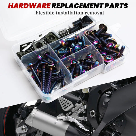 Sweet Ride Motorcycle Fairing Bolts Kit M5 And M6 Stainless Steel Fastener Set in storage box, colorful screws and grommets visible.