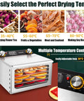 Heavy Duty Electric Food Dehydrator With Six Stainless Steel Trays And Smart Digital Timer showing adjustable temperature controls for various foods.