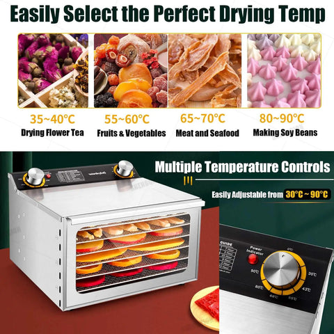 No Sweat 18 Tray Food Dehydrator Machine With Slick Adjustable Temp Timer For Making Beef Jerky Fruit Leather Fresh Herbs And Dog Treats In Your Home Kitchen showing multiple temperature controls and drying trays.