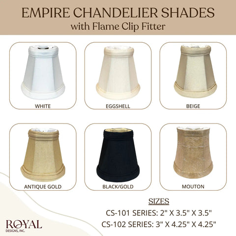 Empire Chandelier Shade With Flame Clip Fitter Black Silk-Type Shantung Fabric Hand-Tailored With Gold-Lining, assorted colors