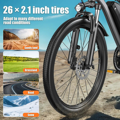 Close-up of front wheel showing tire detail on Go To 26 Inch Commuter Electric Bike With 720W Peak Motor, 5 Level Pedal Assist.