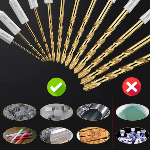 Hex Shank Drill Bit Set 13-Piece HSS Titanium Twist Bits for metal, wood, plastic, quick change design, suitable surfaces shown.