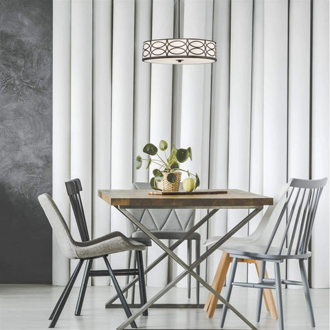 Dope 18 Inch 3 Light Metal Drum Chandelier With Glass Diffuser In Oil Rubbed Bronze Finish hanging over dining table