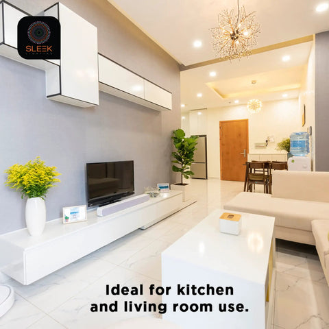 Modern living room with energy-efficient lighting, featuring sleek white furniture and bright CFL bulbs, ideal for kitchen and living room use.