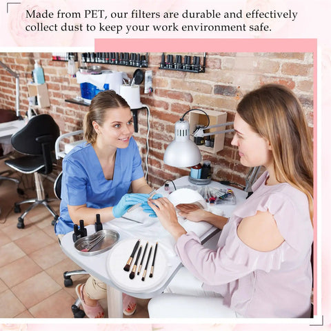 Two women at nail salon table with 4 Pack Nail Dust Collector Filters Reusable Replacement Filters For Nail Machines No Spillin.