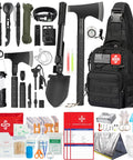 Survival kit 262-piece set with black crossbody bag, first aid pouch, axe, shovel, flashlight and camping tools