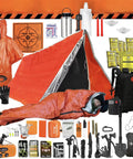 48 Hour Survival Kit With 228 Pieces Of Go Bag Gear including tent, tools, and black backpack for emergencies and camping essentials.