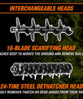 Interchangeable heads showing 16-blade scarifying head and 24-tine steel dethatcher head for 2-In-1 Electric Dethatcher And Scarifier.