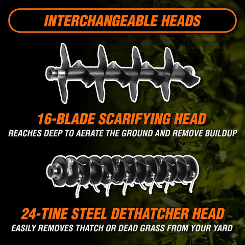 Interchangeable heads showing 16-blade scarifying head and 24-tine steel dethatcher head for 2-In-1 Electric Dethatcher And Scarifier.