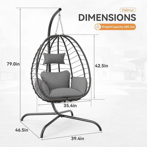Dimensions of cozy outdoor hanging egg chair with stand for patio and garden, wicker swing egg chair hammock with UV resistant cushion.