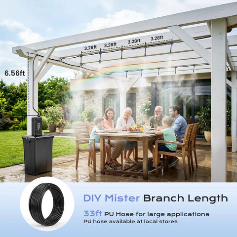Family enjoying patio cooling with Ultra Fine Misting System With 15000mAh Rechargeable Pump And 33Ft Hose, 4 Gallon Water Mister