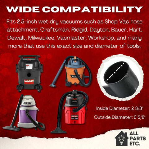 Image showing 2.5 Inch Shop Vac Attachment Kit compatibility list with various wet dry vac models and hose dimensions.