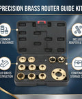 Badass Solid Brass Router Template Guide Set With Eight Precision Bushings And Hammer Tight Lock Nuts For Sweet Dovetail Cuts And Heavy Duty Woodworking Builds in storage case with various brass bushings.