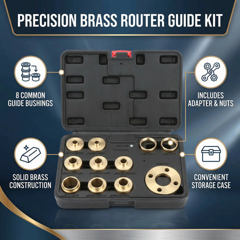 Badass Solid Brass Router Template Guide Set With Eight Precision Bushings And Hammer Tight Lock Nuts For Sweet Dovetail Cuts And Heavy Duty Woodworking Builds in storage case with various brass bushings.