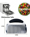 Two-piece stainless steel crinkle chopper and French fry cutter with black grip; heavy-duty kitchen tool